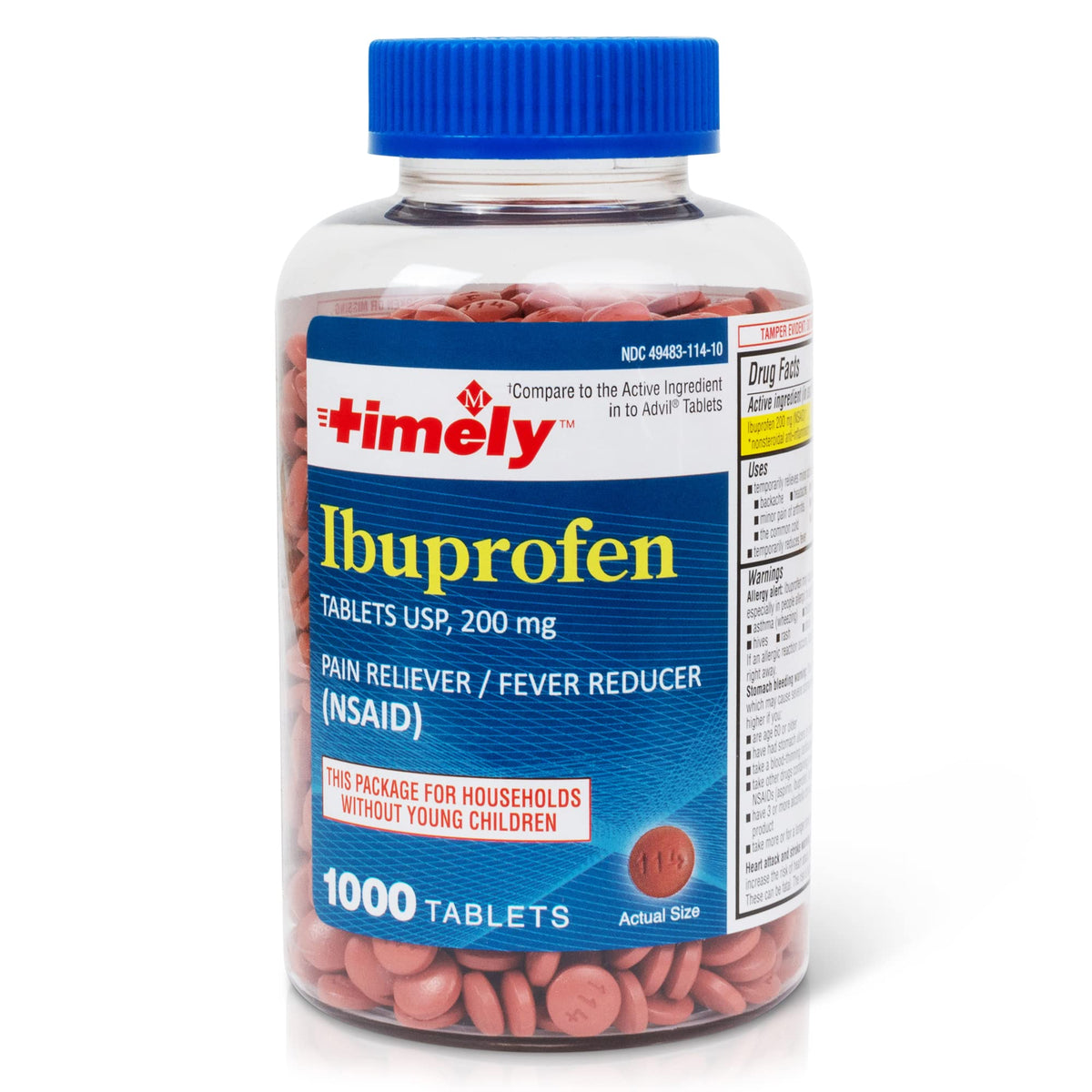 Bottle of BACKUPMYFILESNOW® Ibuprofen 200mg tablets for pain and fever relief, shown with 1000 tablets in the container.