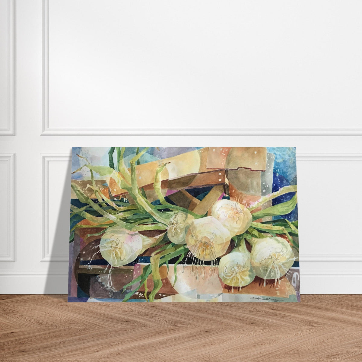 Watercolor still life of onions on museum-quality matte paper print by artist Barbara Cleary, showcasing vibrant vegetable artwork.