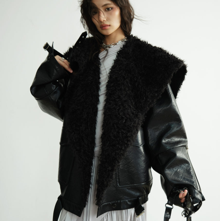 Mid-length heavyweight PU leather silhouette jacket in black, front view