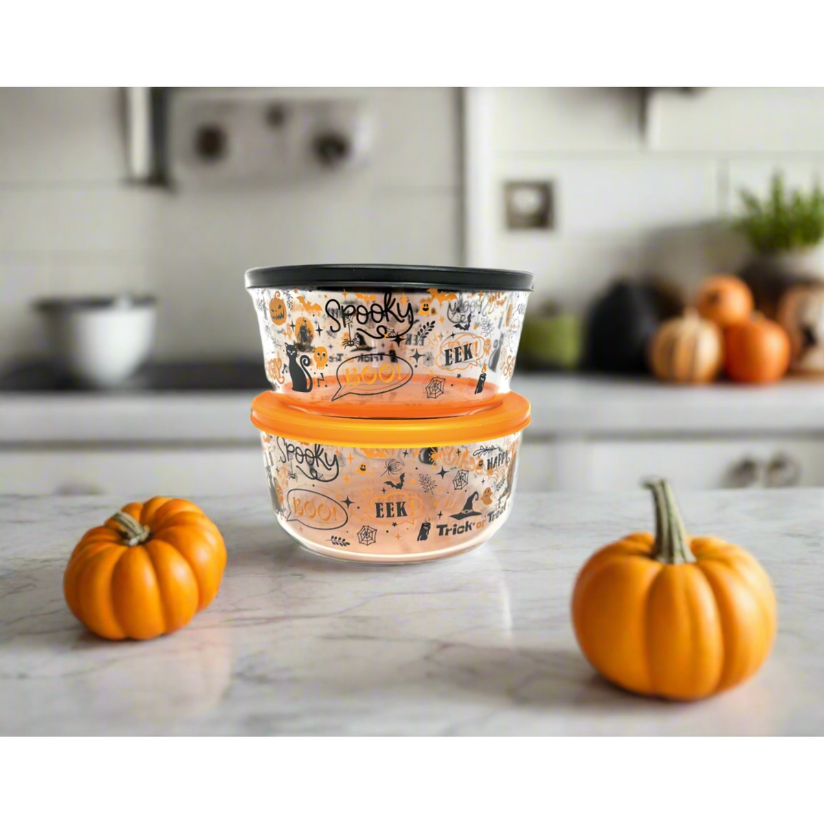 Dura Living Halloween 4-piece glass storage container set with round 32oz glass cups and matching lids, featuring festive Halloween designs.