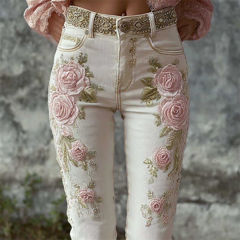 Womens Denim Jeans Womens Trousers With Colorful 3D Floral Prints