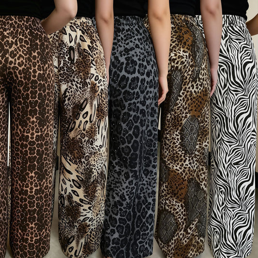 Women's rhinestone drawstring loose wide-leg pants with vintage animal print pattern, casual trousers