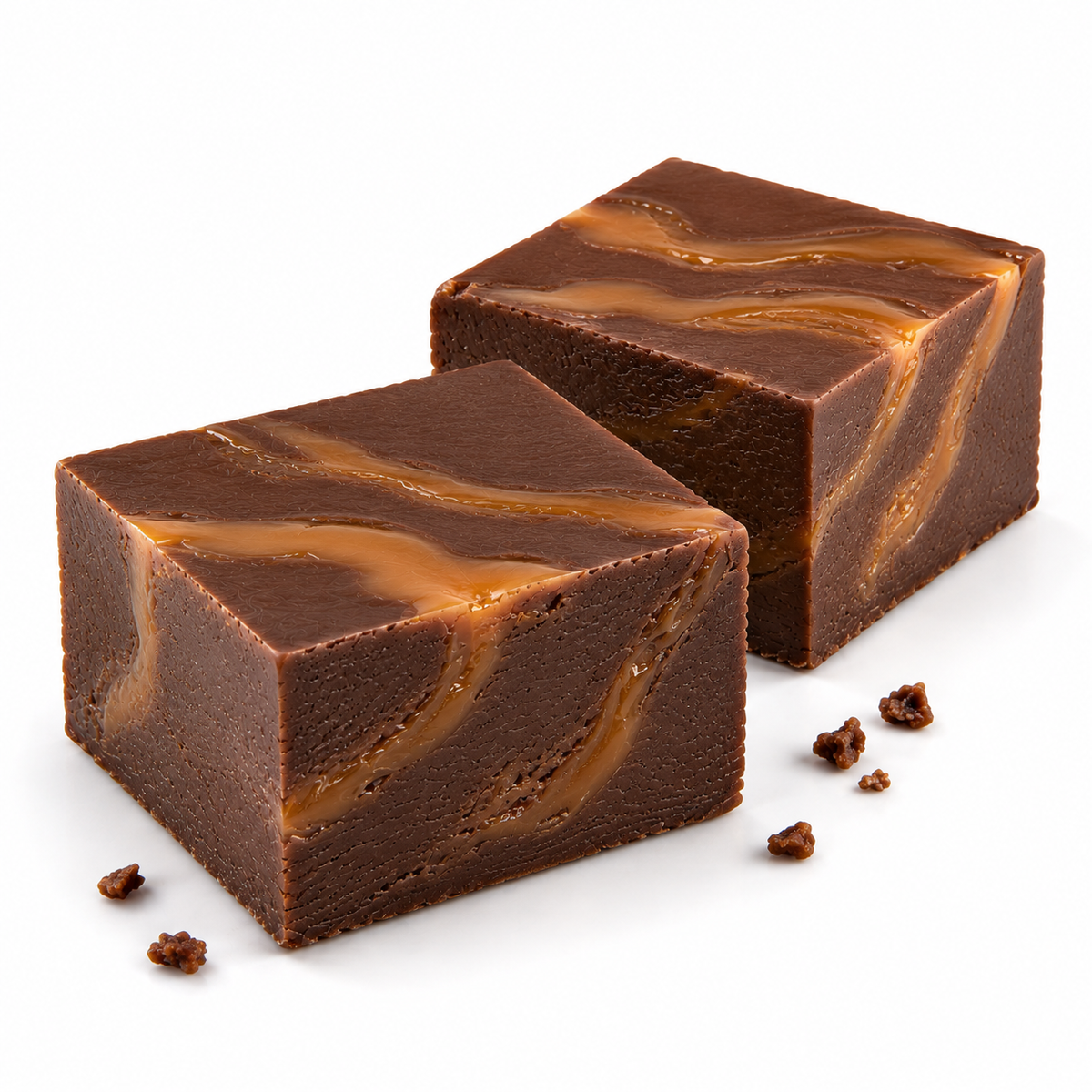 Dark chocolate sea salt caramel fudge squares by Candy In Bulk, showing rich chocolate with caramel and sea salt on top.
