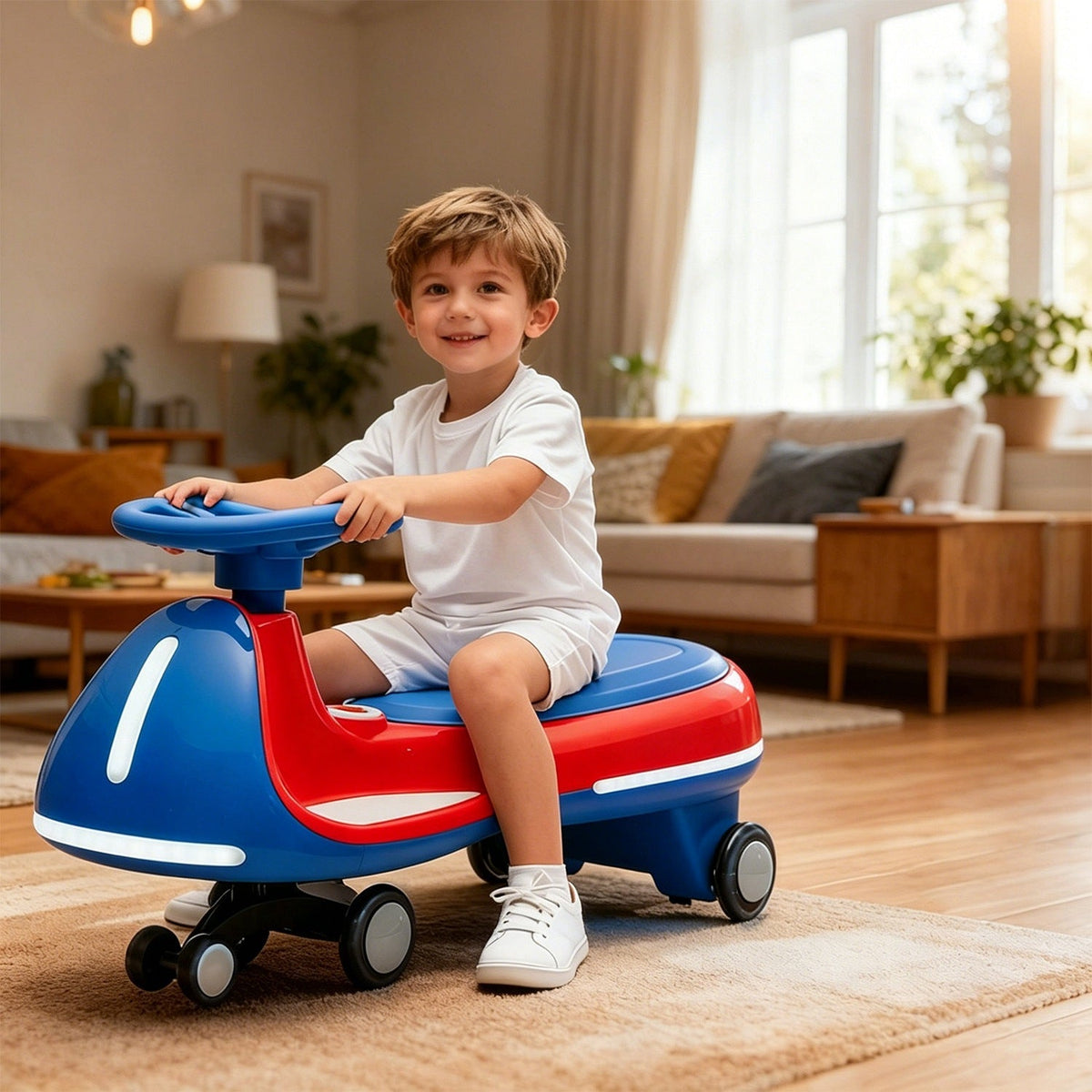 12V electric wiggle ride-on car with dual motors and LED lights, designed for kids, featuring a colorful toy vehicle.