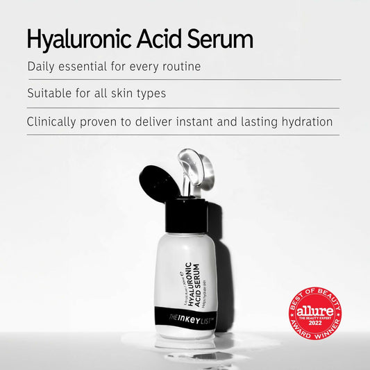 The INKEY List Hyaluronic Acid Serum in 1oz bottle, hydrating and promoting plump, smooth skin, part of anti-aging skincare.
