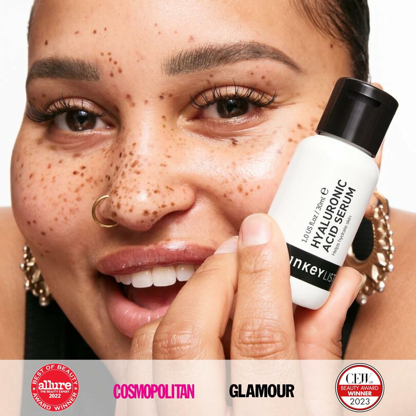 The INKEY List Hyaluronic Acid Serum 1oz bottle showing clear liquid and minimalist label for hydrating, plump, smooth skin.