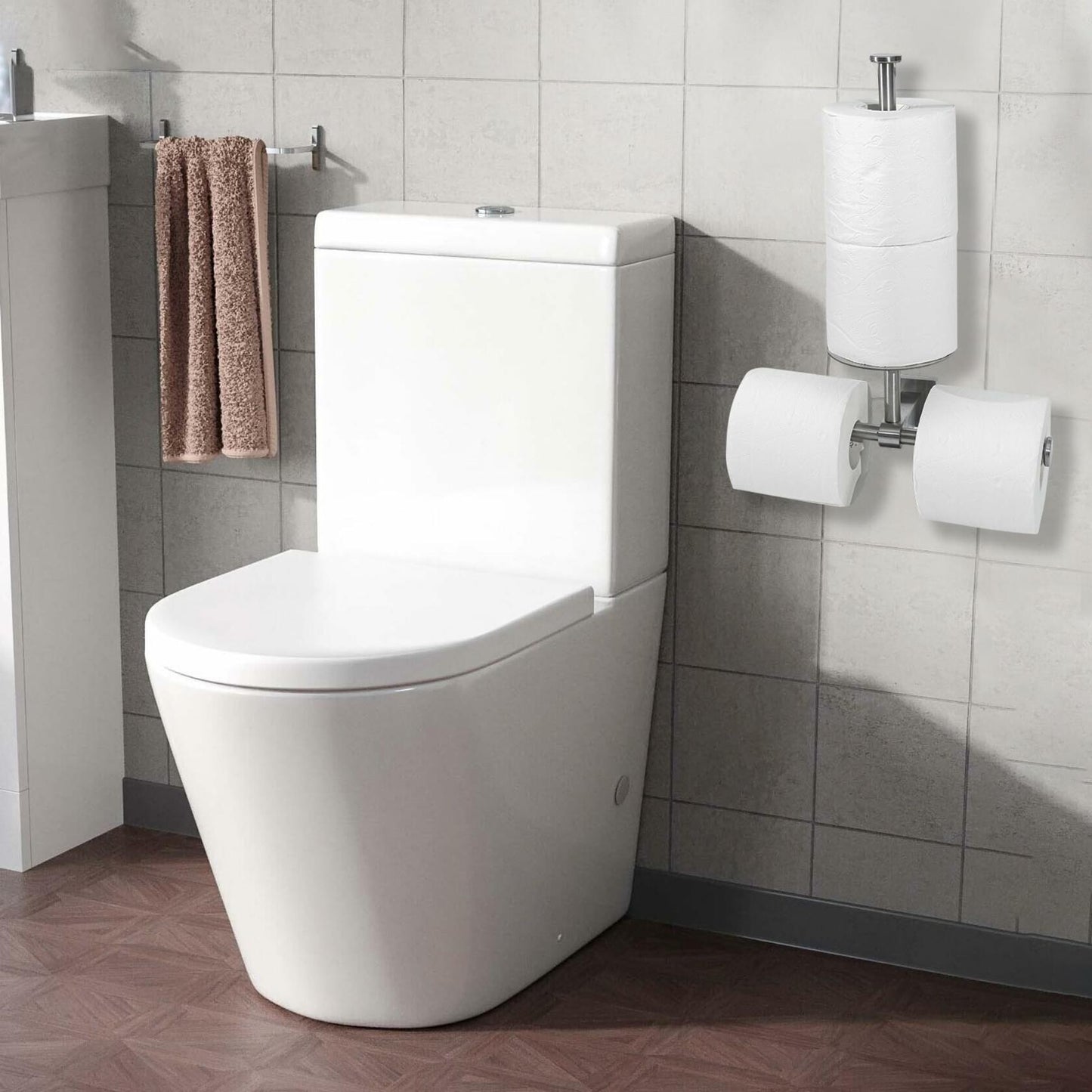 Double stainless steel toilet paper holder with shelf, wall-mounted bathroom storage by Deal US.