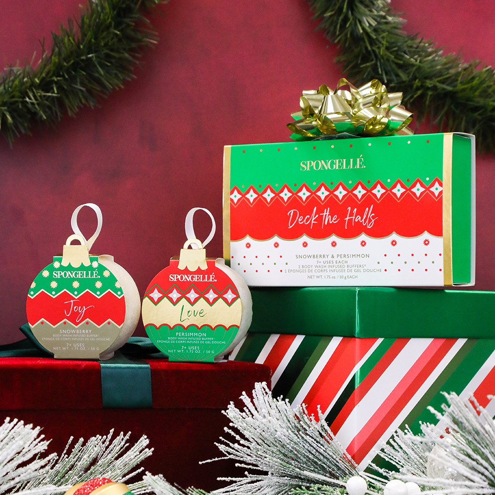 Spongellé Deck the Halls holiday ornament gift set with body wash infused buffer in festive packaging, ideal for gifting.