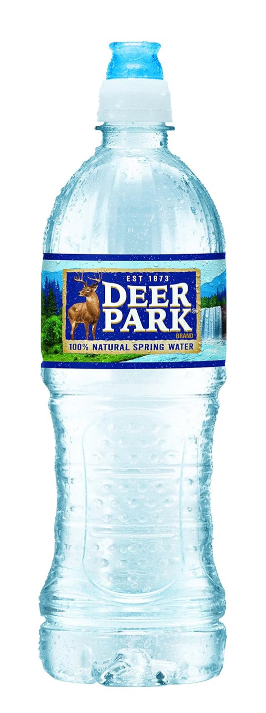 12-pack of Deer Park Spring Water bottles, 16.9 fl oz each, showing clear bottles with labels and cap caps.