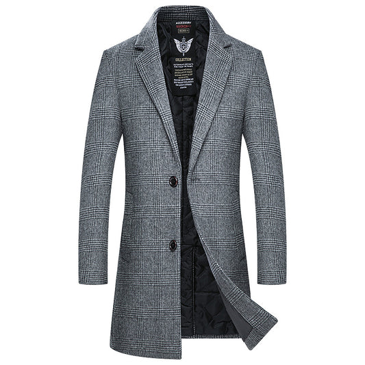 Thick wool winter overcoat by BACKUPMYFILESNOW® hanging on a coat rack, featuring a classic tailored fit and warm, textured fabric.