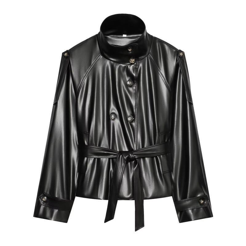 Women's autumn/winter double-breasted leather jacket with tailored fit and classic lapels