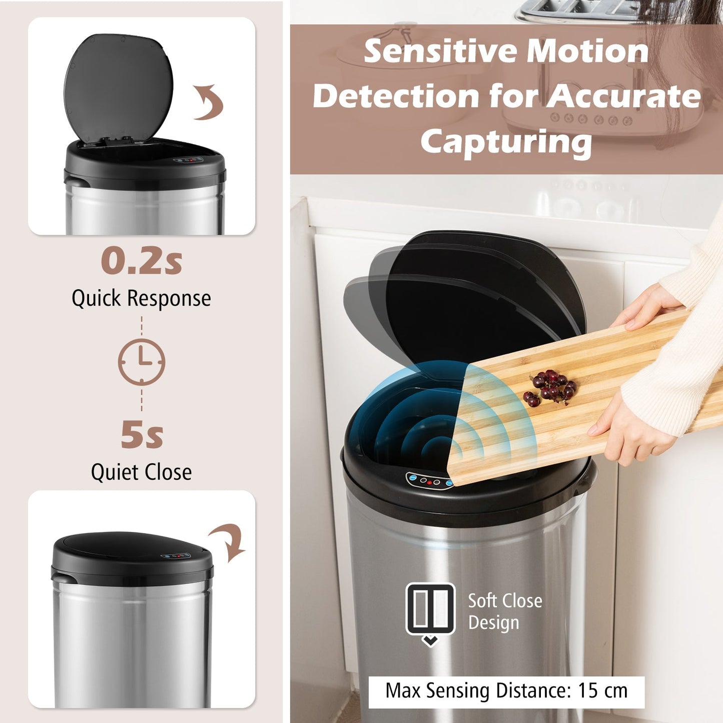 Silver 8-gallon automatic trash can with stainless steel frame and touchless operation, designed for hygienic waste disposal.