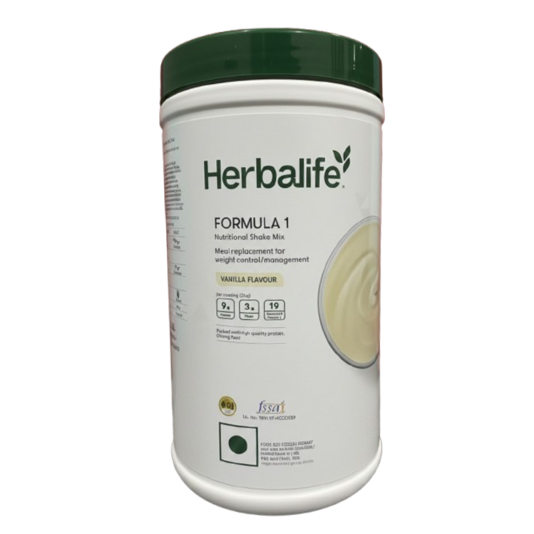 Herbalife Formula 1 Vanilla Nutritional Shake Mix jar from Dista, featuring the product label and vanilla-flavored shake mix.
