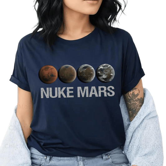 Black Nuke Mars Essential T-Shirt by Dog Mom Hat featuring Elon Musk SpaceX-inspired design with space and rocket graphics.
