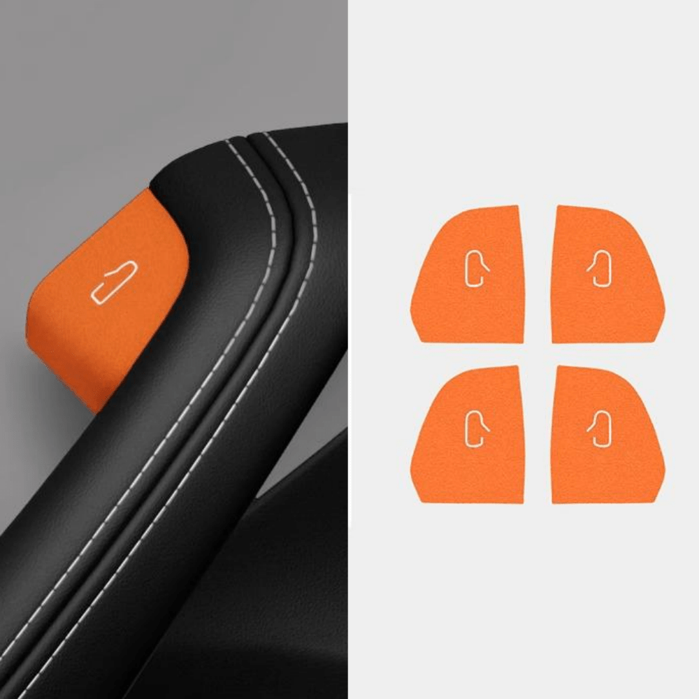 Tesla Model Y Juniper and Model 3 Highland door open button stickers with badge design, made by Tesery.