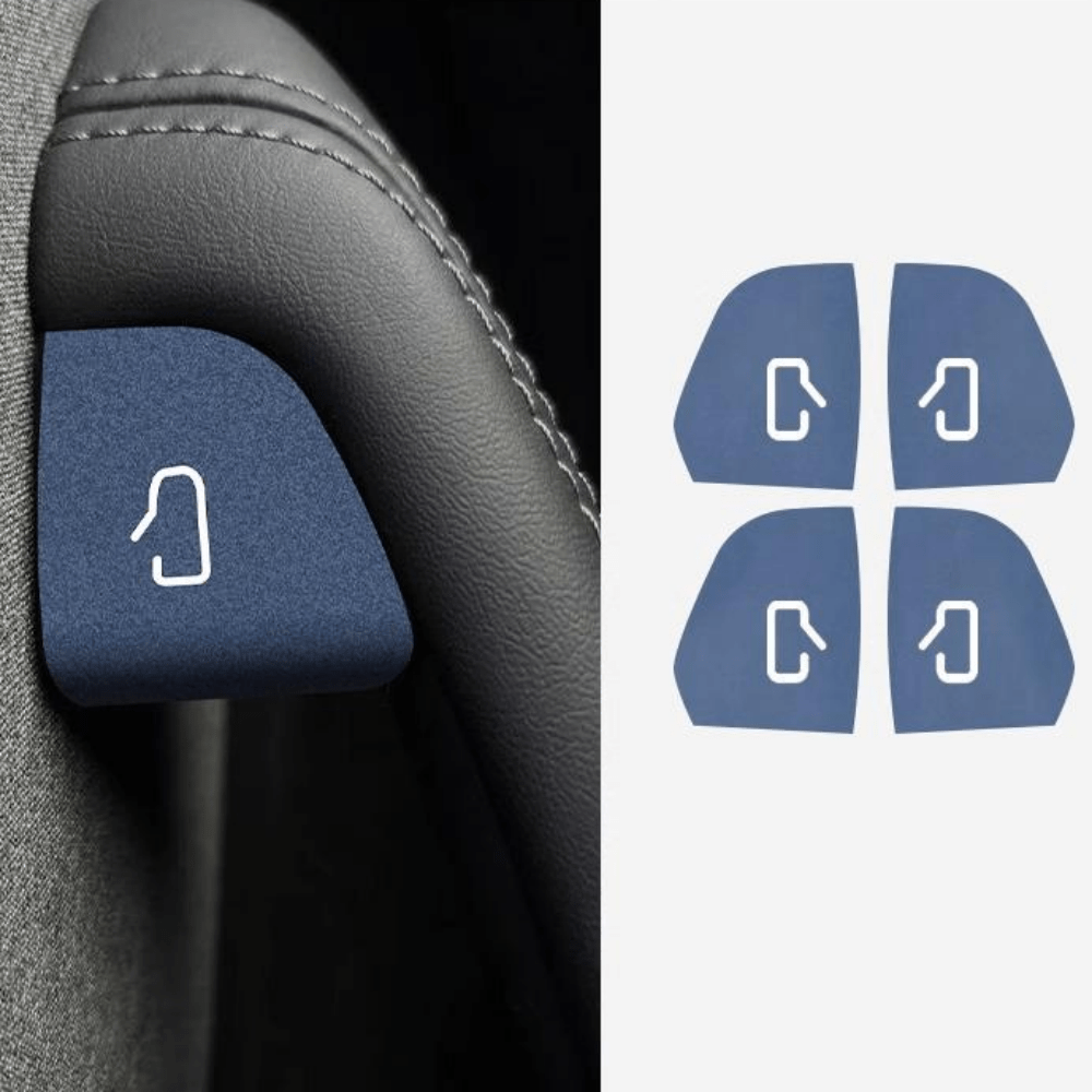 Tesla Model Y Juniper and Model 3 Highland door open button stickers by Tesery, featuring sleek badge designs on a white background.