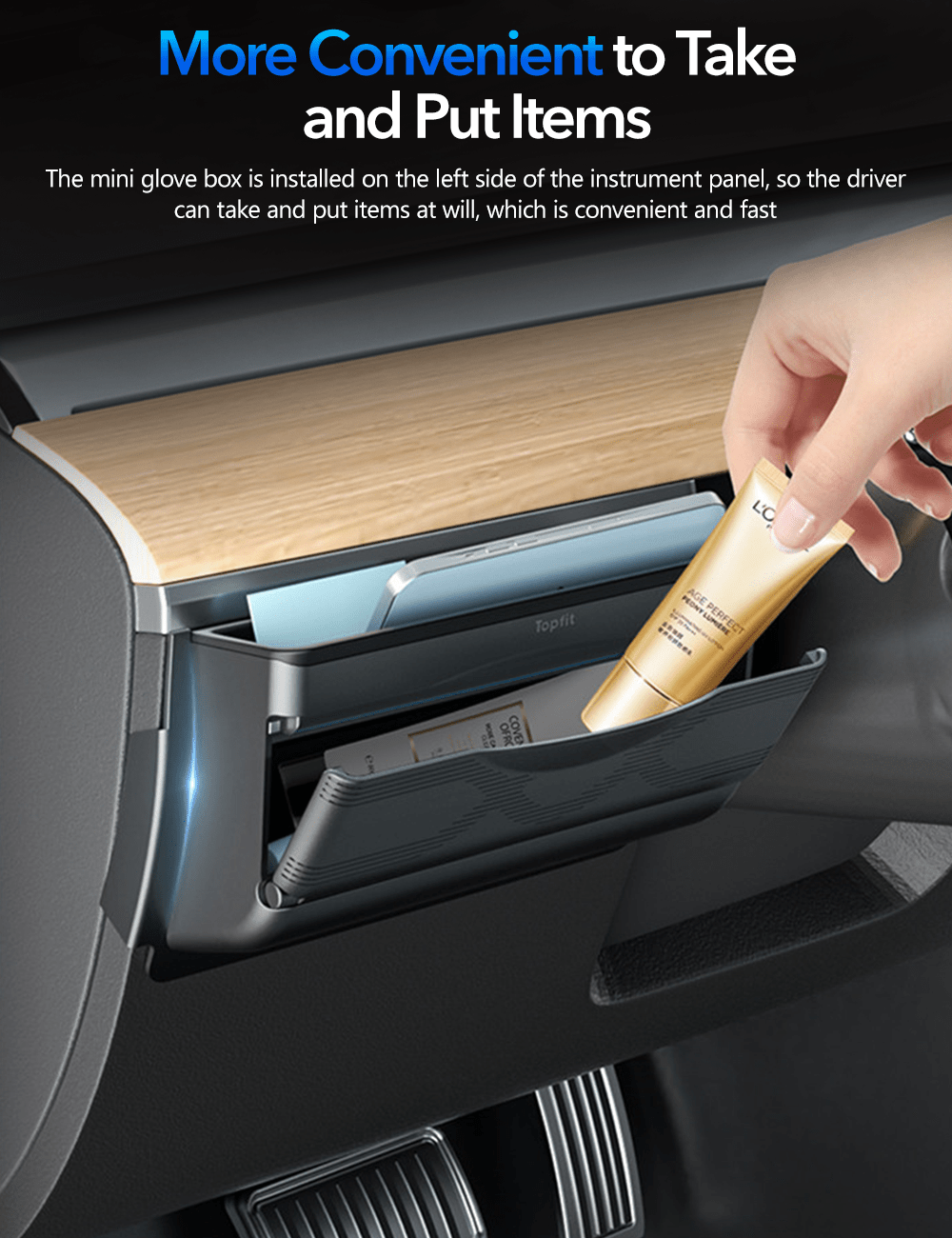 Tesla Model Y driver mini glove box storage box by Tesery, compact and easy to install in the vehicle's glove compartment.