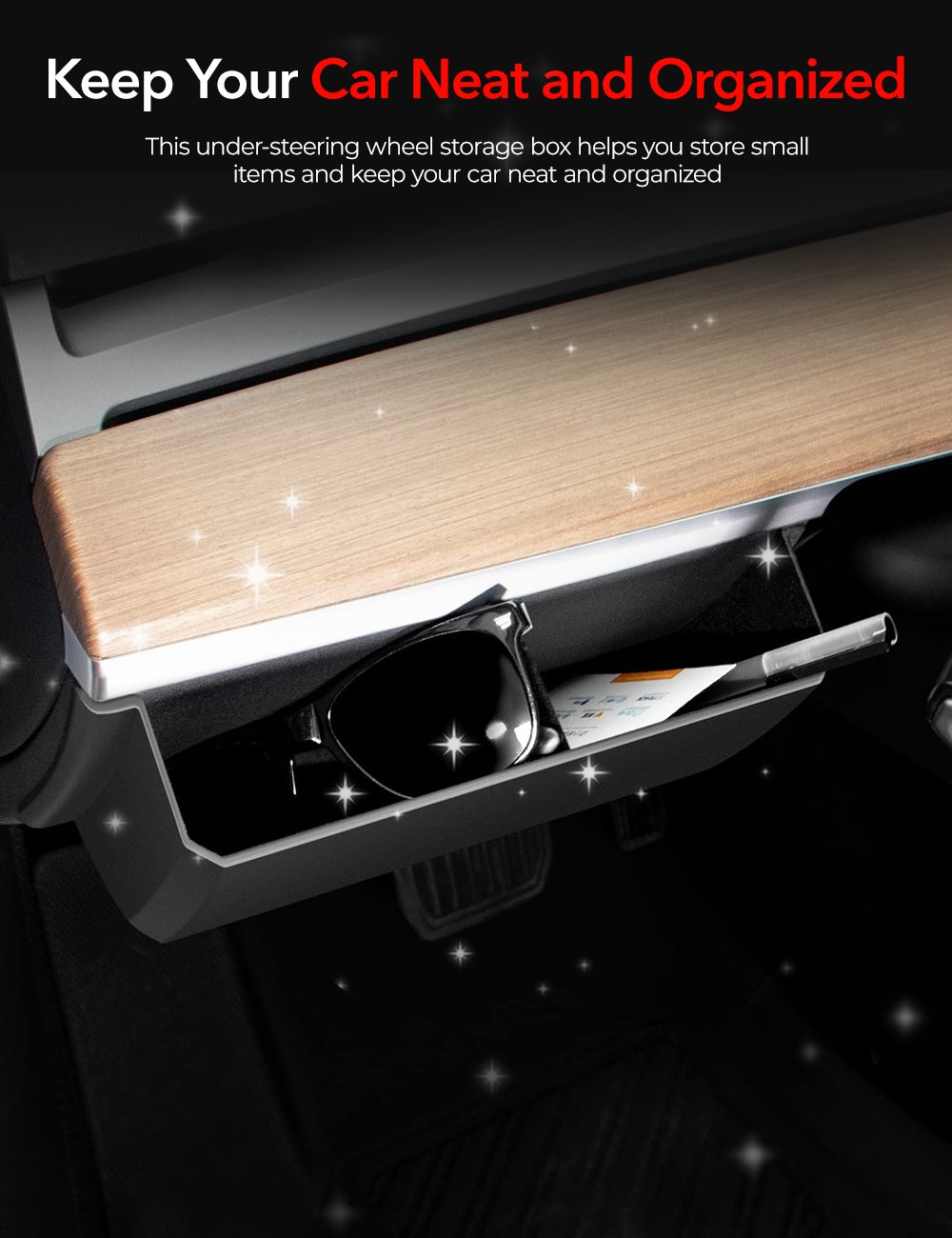 Driver side dash panel storage box for Tesla Model Y and Model 3, sleek black interior accessory from Tesery Official Store.