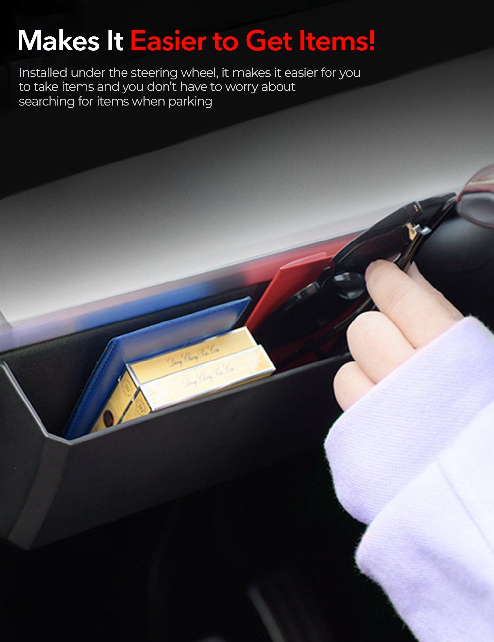 Tesla Model Y and 3 driver side dash panel storage box by Tesery, shown installed on the dashboard.