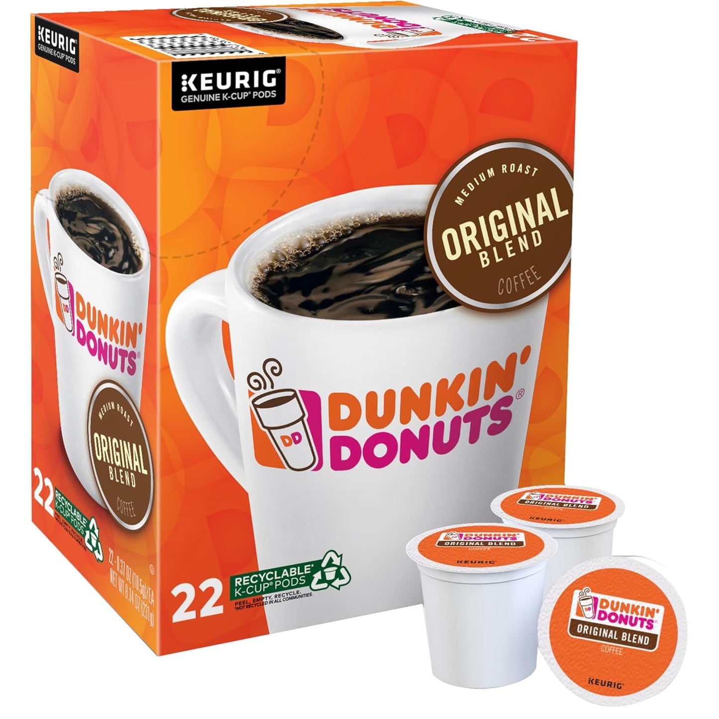 Dunkin' Donuts Original Blend Medium Roast Coffee Keurig K-Cup pods, 22-pack, with coffee cups and packaging