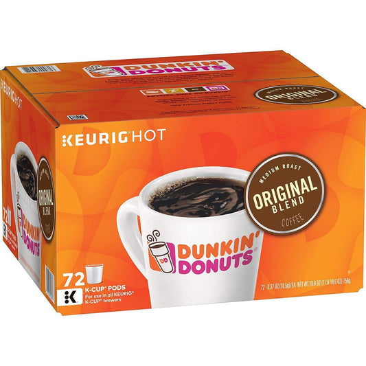 Dunkin' Donuts Original Blend K-Cup Pods in a pack of two, showing 108 coffee pods for Keurig brewing.