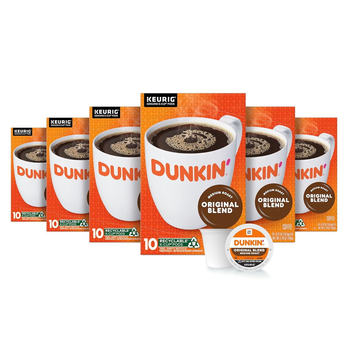 Dunkin' Donuts Original Blend Coffee K-Cup Pods, medium roast, 10-count boxes, pack of 6 for Keurig brewers.