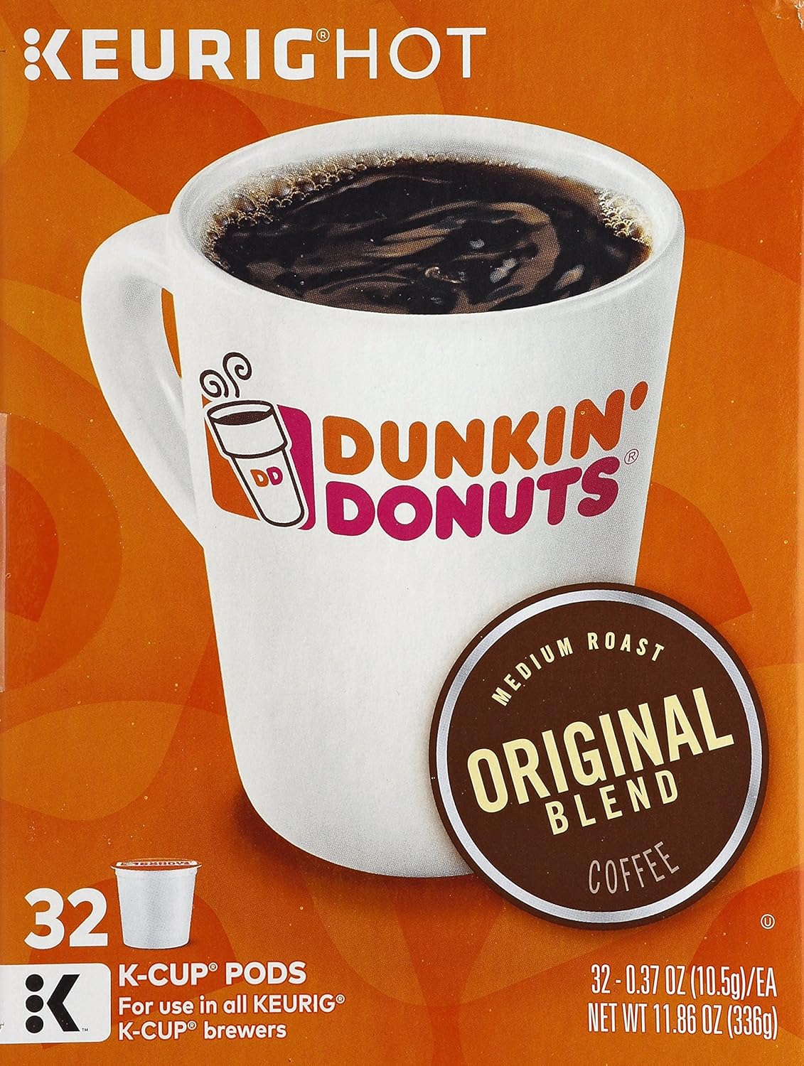 Dunkin' Donuts Original Blend Medium Roast Coffee K-Cups for Keurig coffee makers, 32-pack, in sealed packaging.