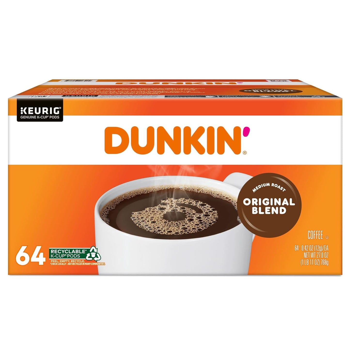 Dunkin' Donuts Original Blend Medium Roast single-serve K-Cup coffee pods in a carton of 64.