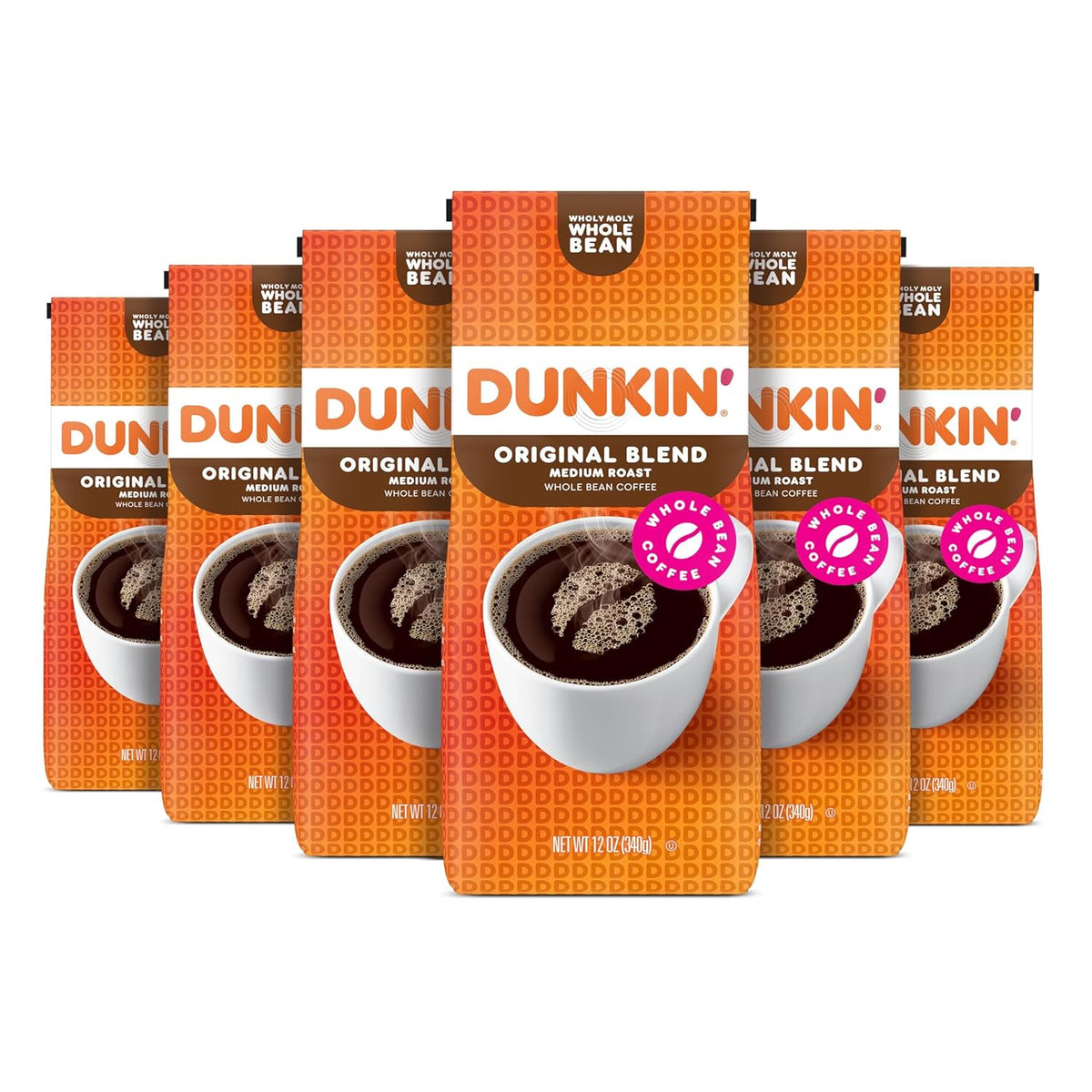 Six 12-ounce bags of Dunkin' Donuts Original Blend Medium Roast Whole Bean Coffee, featuring the branded packaging.