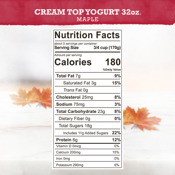 Brown Cow® Cream Top Whole Milk Yogurt with Maple flavor in a jar, showcasing the creamy yogurt with a maple syrup drizzle.