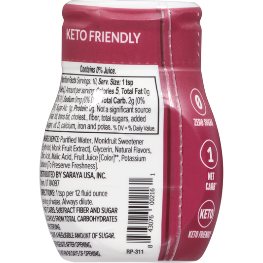 Lakanto Water Enhancer by Duo Grocery in Berry Pomegranate flavor, zero sugar, clear bottle with vibrant berry and pomegranate imagery.