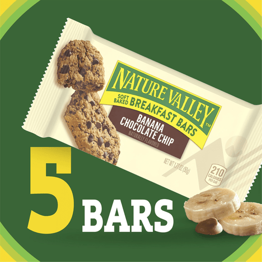Nature Valley Banana Chocolate Chip Soft Baked Breakfast Bars with banana slices and chocolate chips in a close-up image