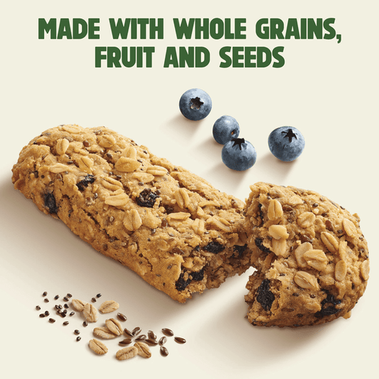 Nature Valley Blueberry Oat Soft Baked Breakfast Bars with blueberries and oats in a foil package.