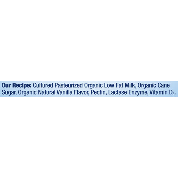 Container of Stonyfield Organic Lowfat Vanilla Yogurt, with a white and blue label showing vanilla flavor and organic certification.