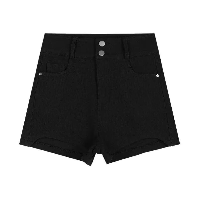 Plus-size versatile high-waisted denim shorts in blue denim, front view
