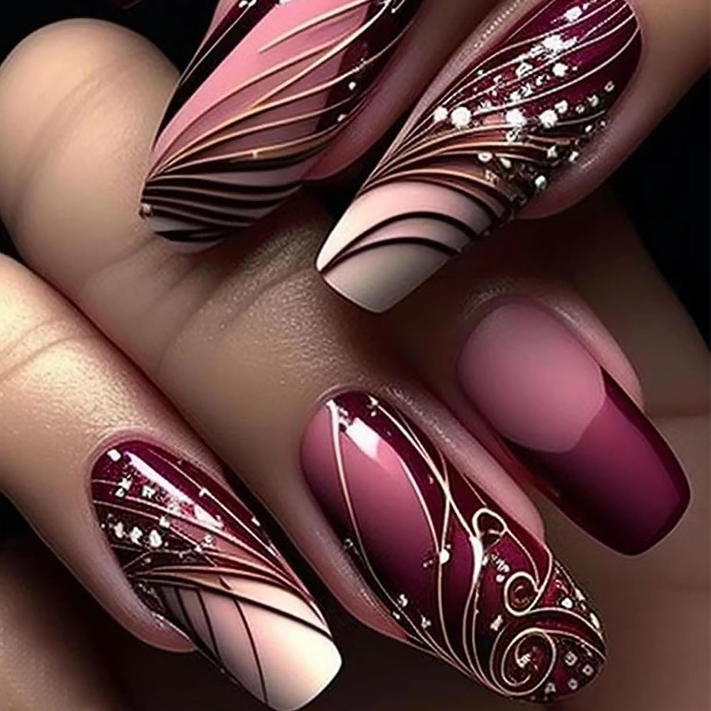 Set of 24 medium-length red French press-on nails with lines design, ballet shape, glossy finish, full cover acrylic nails for women.