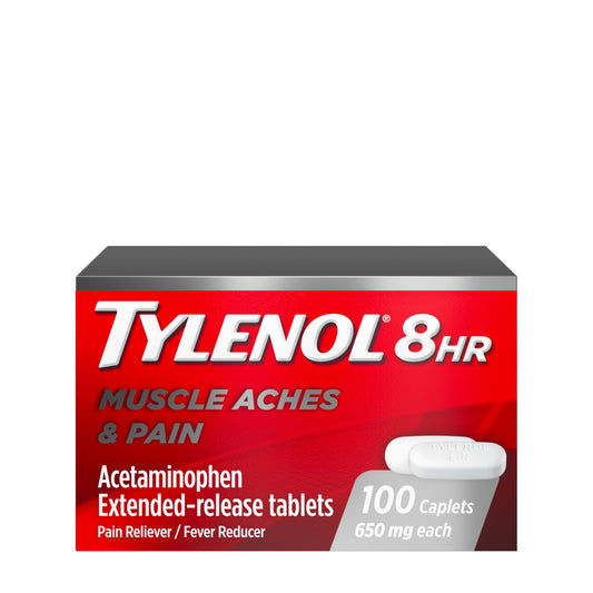 Tylenol 8 Hour Extended-Release Pain Relief Tablets, 100-count, in blister pack with white and blue packaging