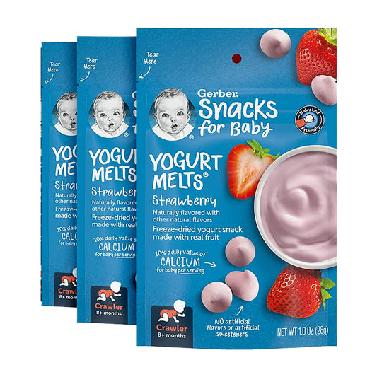 Gerber Baby Yogurt Melts in strawberry flavor, snack treats for infants, with colorful packaging and a close-up of the product.