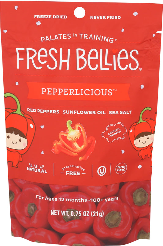 BackupMyFilesNow® Fresh Bellies vegan toddler snacks with colorful pepperlicious freeze-dried pepper shapes, gluten-free, no added sugar.