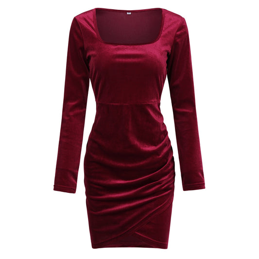 Women's square collar long sleeve dress, waist-tight autumn and winter fashion style