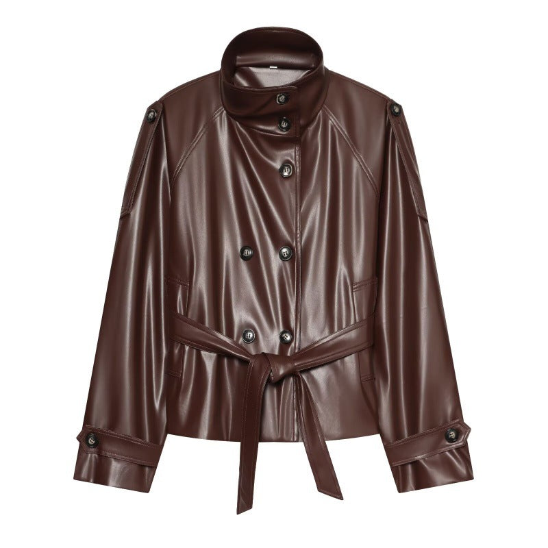 Women's autumn/winter double-breasted leather jacket in classic black design