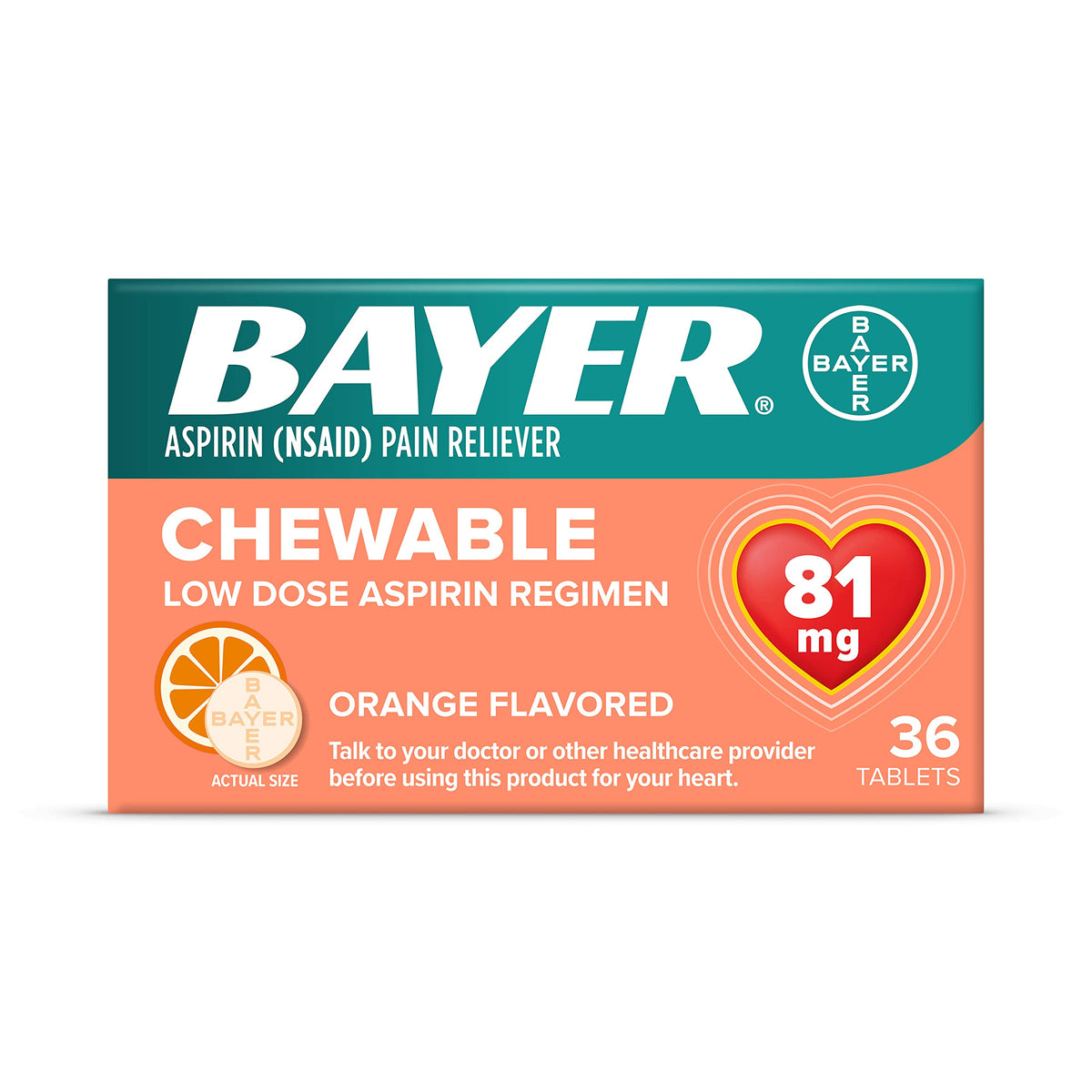 Bayer Orange 81mg chewable aspirin bottle containing 216 tablets, with the product packaging visible.