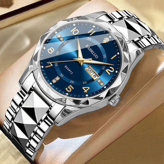 Men's dual calendar waterproof luminous quartz watch with a stylish analog dial and date display