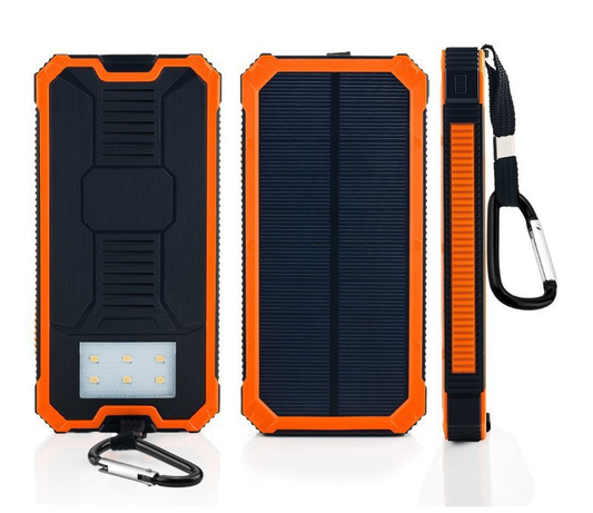 Waterproof BACKUPMYFILESNOW® solar power bank with 10000mAh battery backup and USB charging ports.