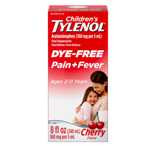 Cherry-flavored Tylenol Kids Pain & Fever Relief liquid in an 8 oz bottle, designed for children’s pain and fever relief.