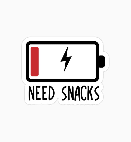Set of three white Arezzaa snack battery stickers featuring funny snack designs, perfect for tumblers and laptops.