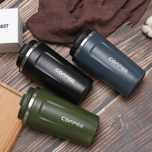 EasyOptionXY 12 oz stainless steel vacuum insulated travel mug with spill-proof lid, ideal for hot or cold coffee, tea, or beer.