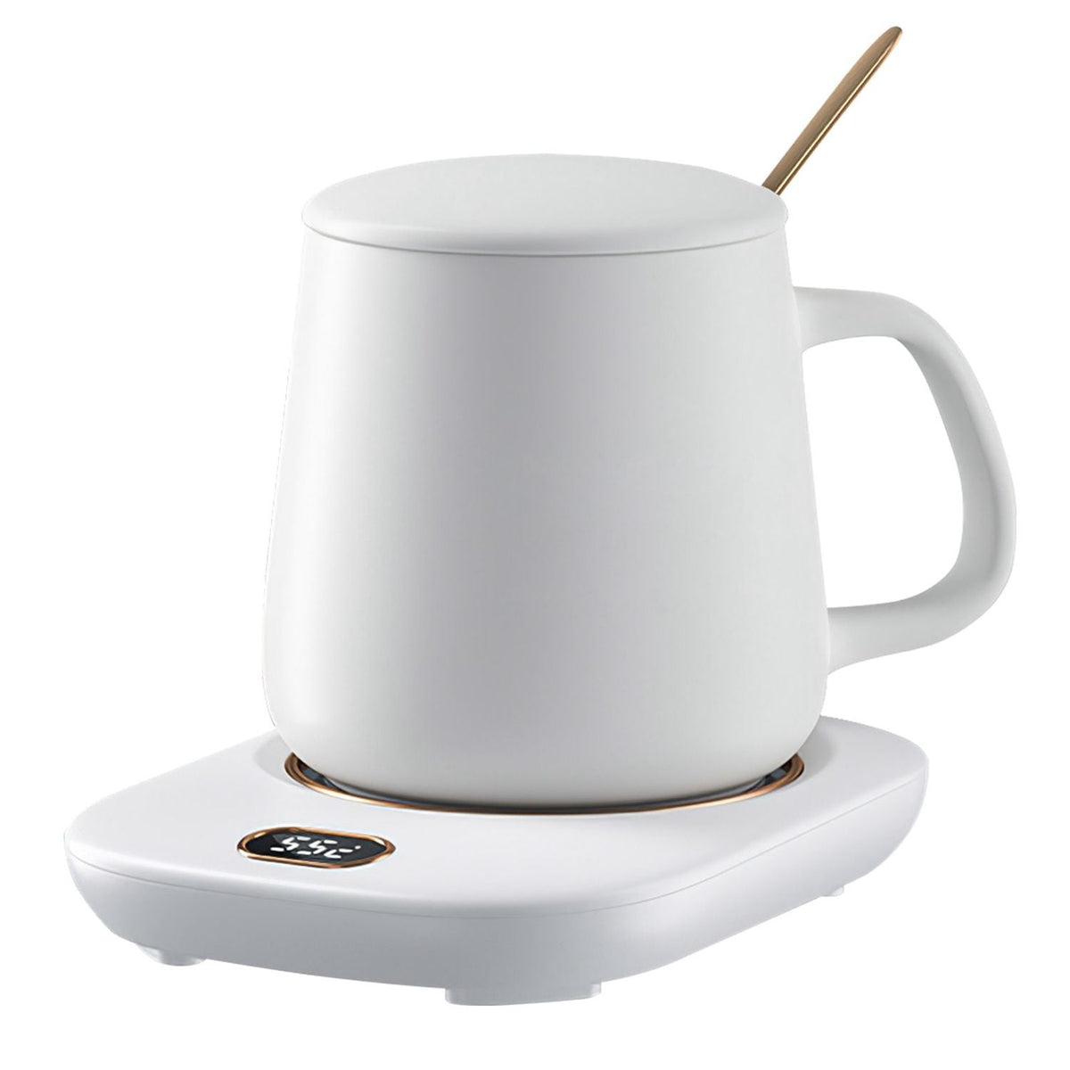 EasyOptionXY electric coffee mug warmer with digital display, USB power, and three temperature settings for tea or coffee.