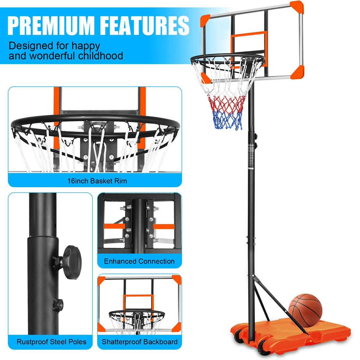 Adjustable kids basketball hoop by GBruno Store with wheels, height range 5.6 to 7 feet, suitable for outdoor play.