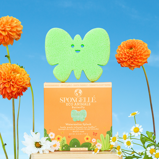 Eco Butterfly body wash infused buffer by Spongellé featuring a butterfly design, perfect for gentle skincare and exfoliation.